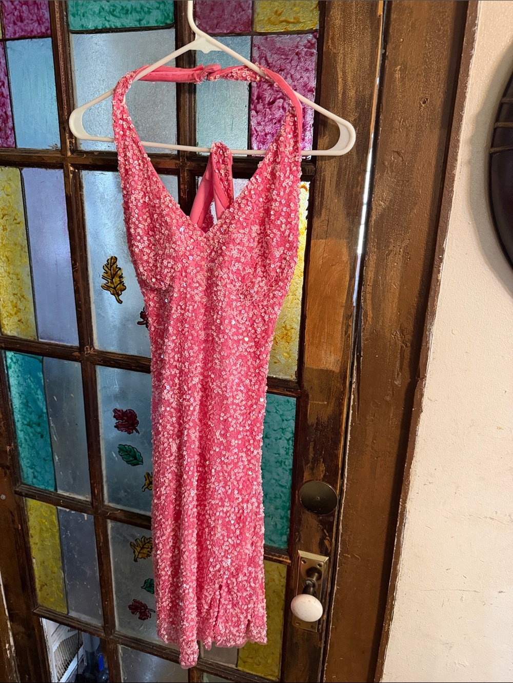 Night Way Collections Hot Pink Sequin Backless Halter Dress